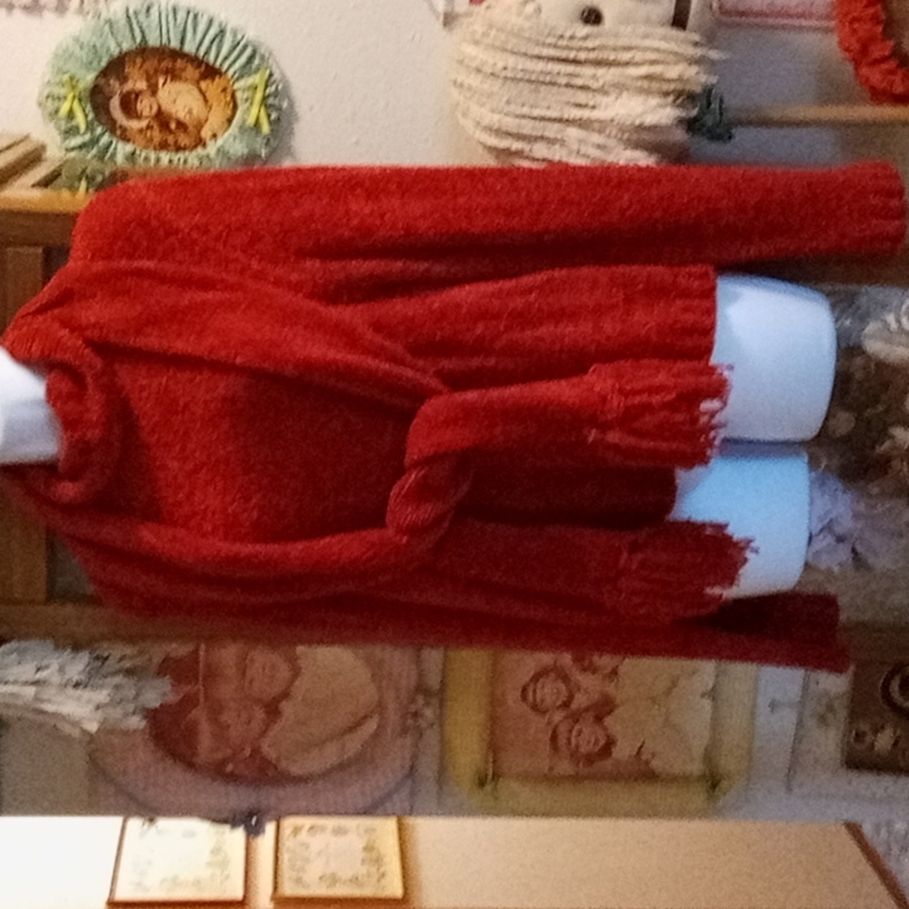 NWOT Vintage 90s Red Acrylic Feather Chenille Sweater with Matching Neck Scarf